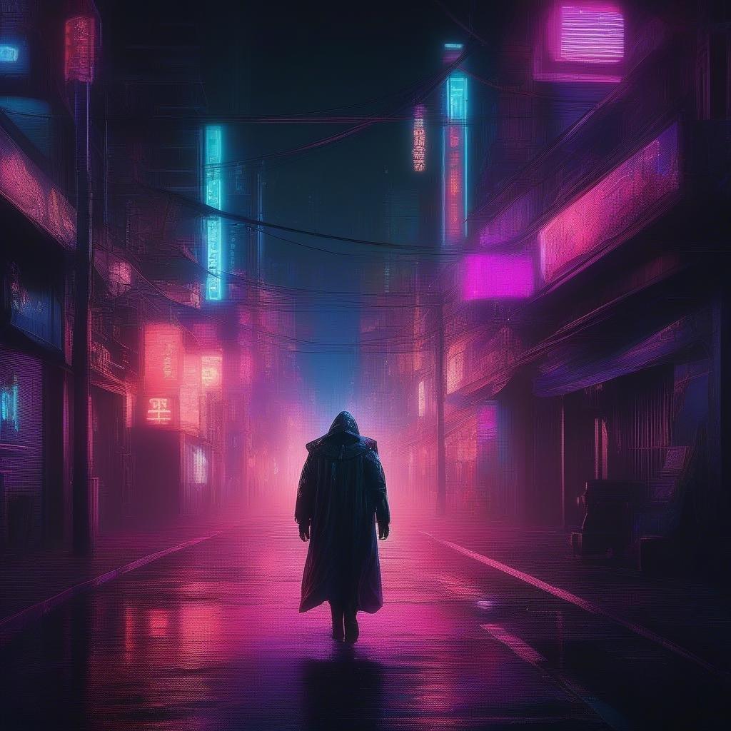 A gritty urban scene illuminated by neon lights, with a solitary figure venturing down a rain-soaked alleyway.