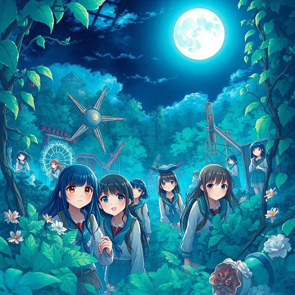 A group of schoolgirls adventure through a mysterious abandoned park after dark under the watchful gaze of a full moon.