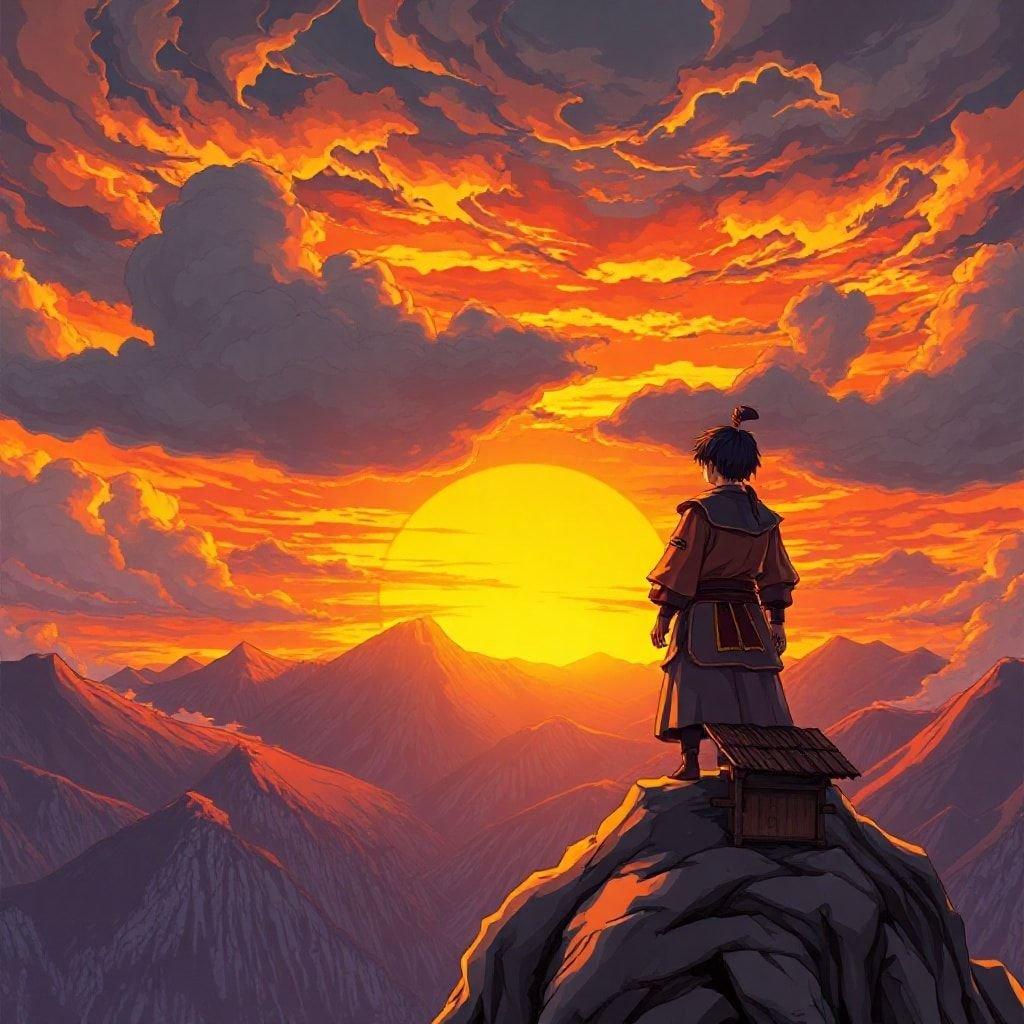 A young samurai stands atop a mountain cliff, lost in thought as he gazes out at the breathtaking sunset. The vibrant colors of the sky and the majestic mountains in the background create a sense of awe and wonder.