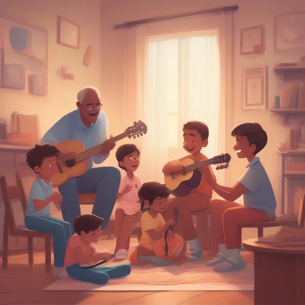 This image captures the joy and love of a father spending quality time with his children. The scene depicts a father and his kids playing musical instruments together, creating a heartwarming and memorable moment.