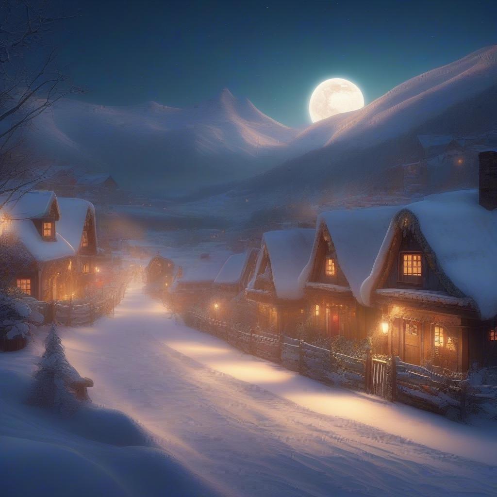 A quaint, snow-covered village at night with festively decorated homes. The moon shines bright over the mountain range in the background.