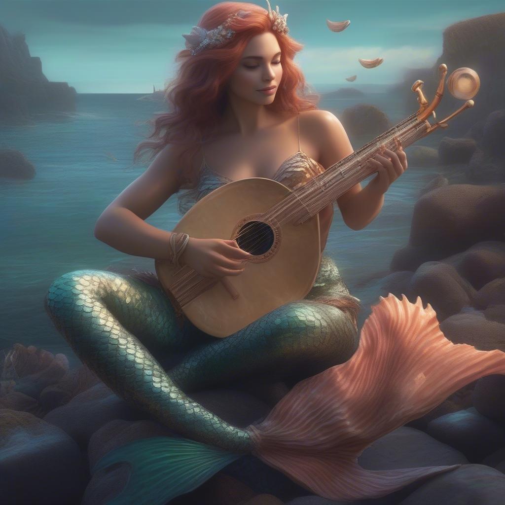 A mermaid playing her guitar on the shore, surrounded by an ethereal sea. The image embodies the mystique and allure of fantastical creatures.