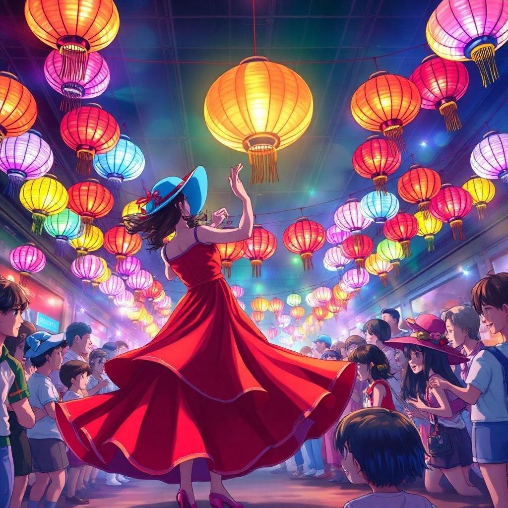 A colorful and lively celebration of joy, energy, and fun, featuring a dancer in a red dress with a blue hat and a pink hat, surrounded by a crowd of people and a bright, colorful lantern.