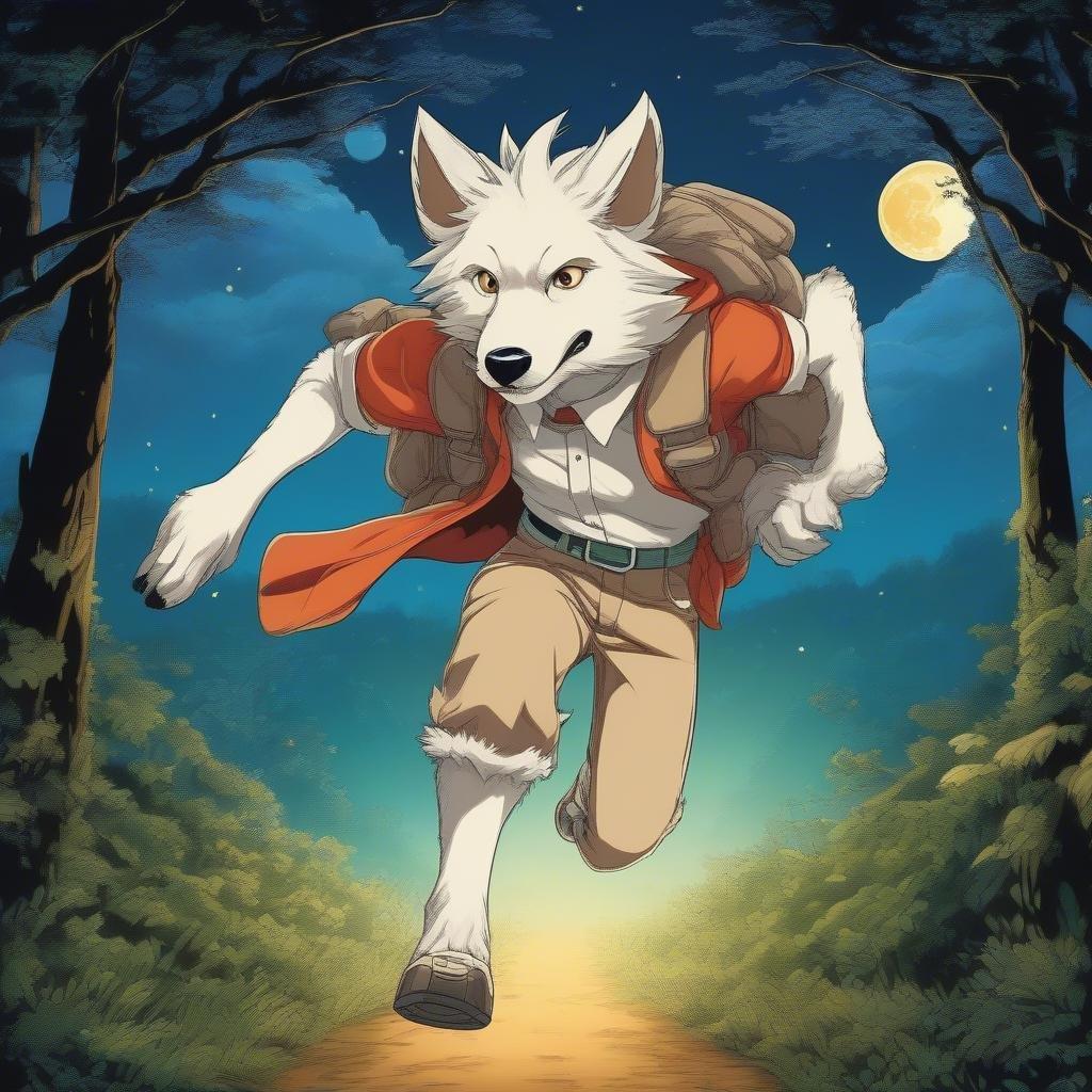 Sous la lumière enchanteresse d'une pleine lune, un jeune garçon se transforme en loup alors qu'il court à travers une forêt, incarnant l'esprit d'aventure et de liberté.