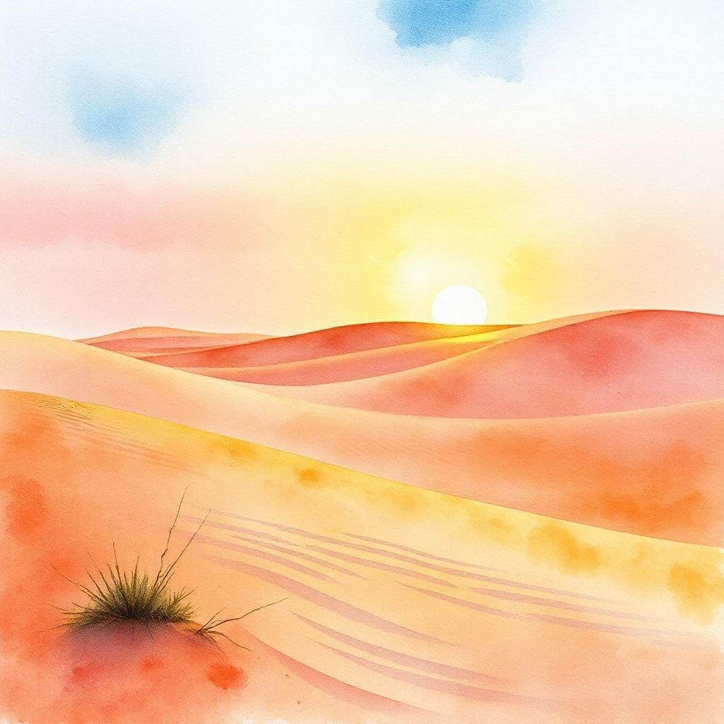 A tranquil scene at sunset, capturing the beauty of a desert landscape during Ramadan or Eid celebrations.