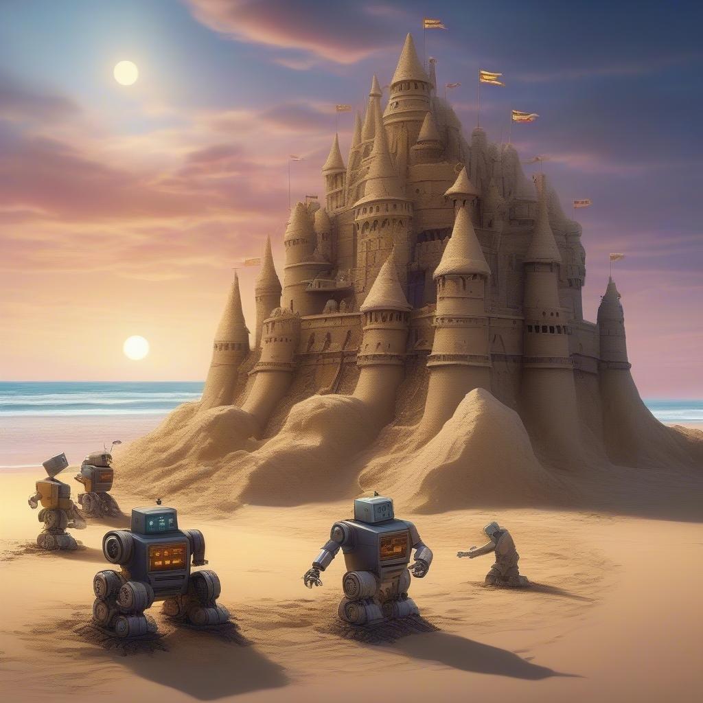 A whimsical scene featuring robotic characters exploring a sandcastle with a magical, futuristic twist.