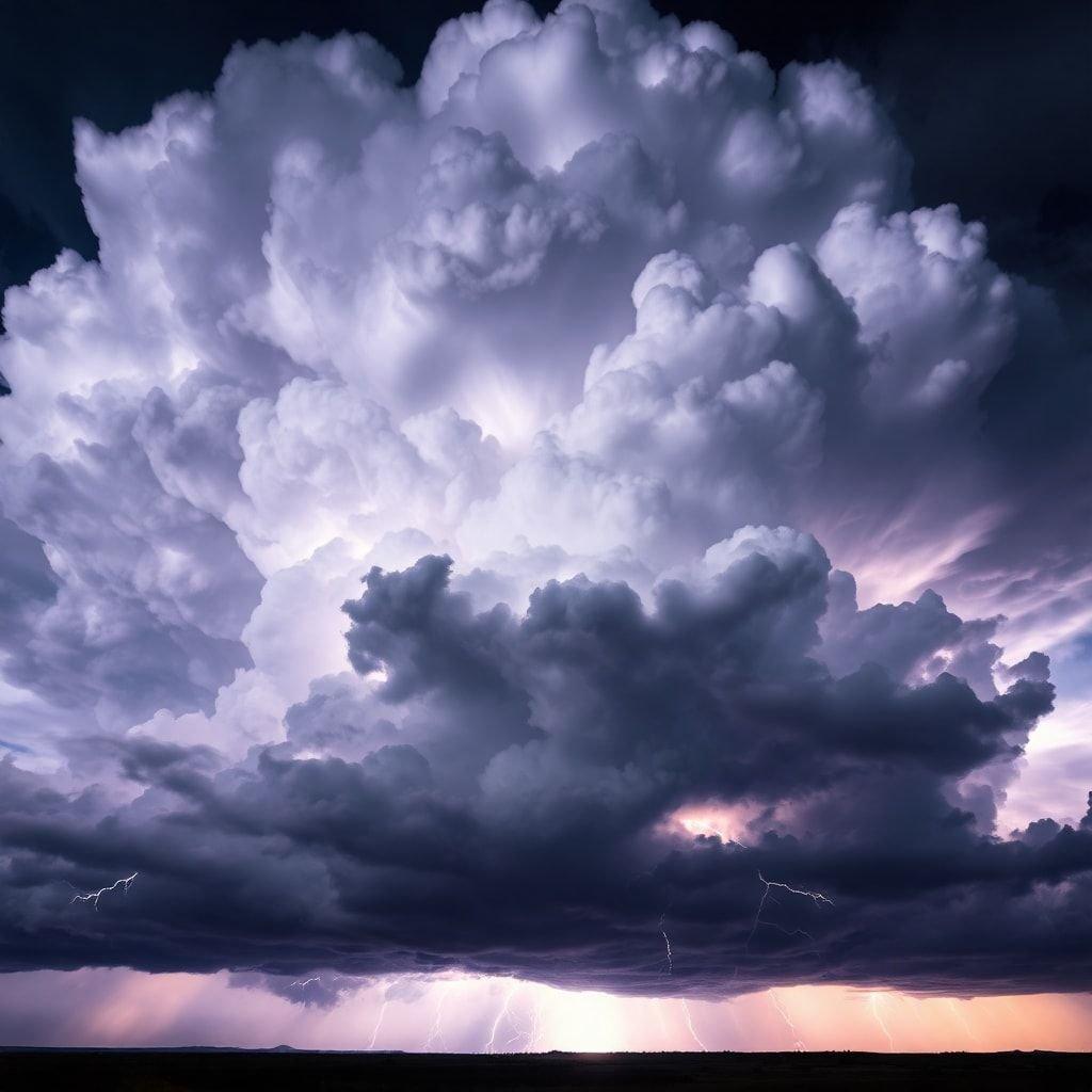 A dramatic, high-energy view of a powerful storm rolling in with towering, illuminated clouds over a vast landscape. The scene captures the raw power and beauty of nature's tempests.