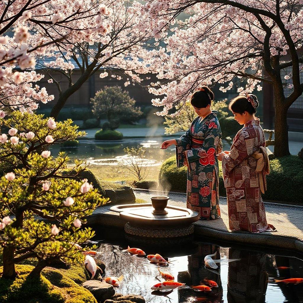 Dyk ner i den lugna skönheten av en traditionell japansk trädgård, där koi-fiskar simmar graciöst under blommande körsbärsblommor och en lugn teceremoni utspelar sig.