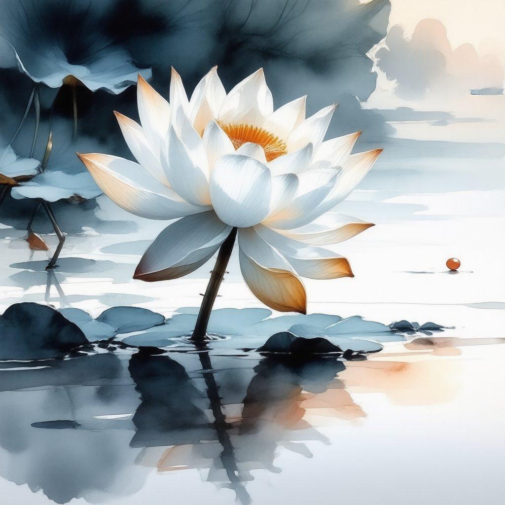 A beautiful and calming image of a white lotus flower in a pond, perfect for use as a wallpaper on your desktop or mobile device. The minimalist design and soft colors create a peaceful and serene atmosphere, making it ideal for relaxation and meditation.