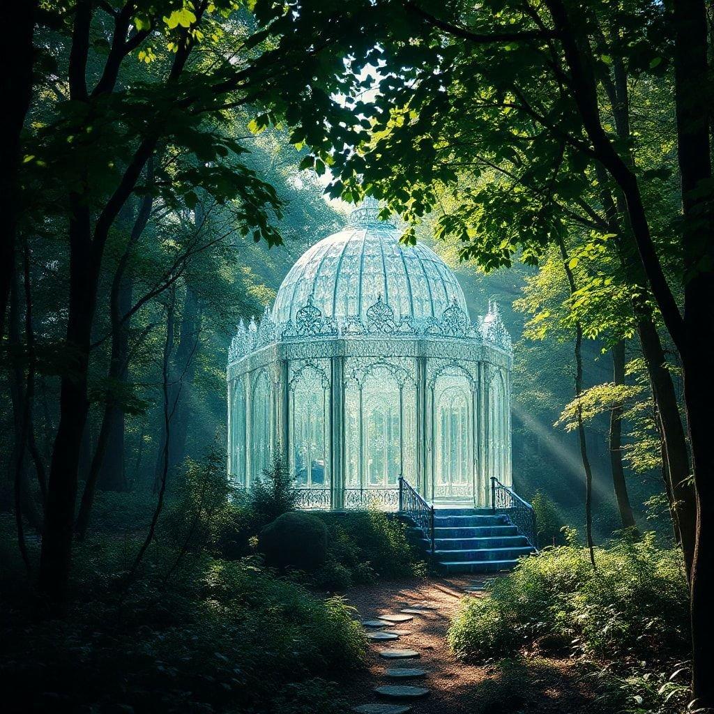 A tranquil scene with a whimsical glass gazebo nestled among the trees. The luxurious structure, enclosed by ornate metalwork and surrounded by verdant greenery, exudes an air of serene elegance.