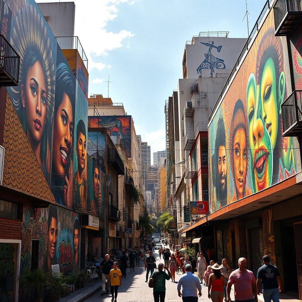 A lively scene from an alleyway in a city, adorned with colorful street art that celebrates the spirit of urban artistry.