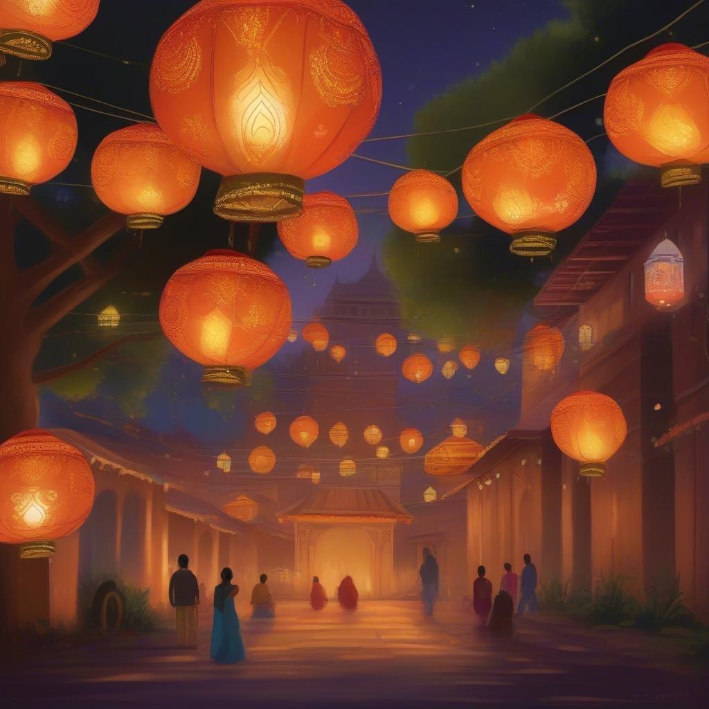 This vibrant scene captures the joyous atmosphere of Diwali celebrations, as villagers walk through an alley adorned with brightly lit lanterns.