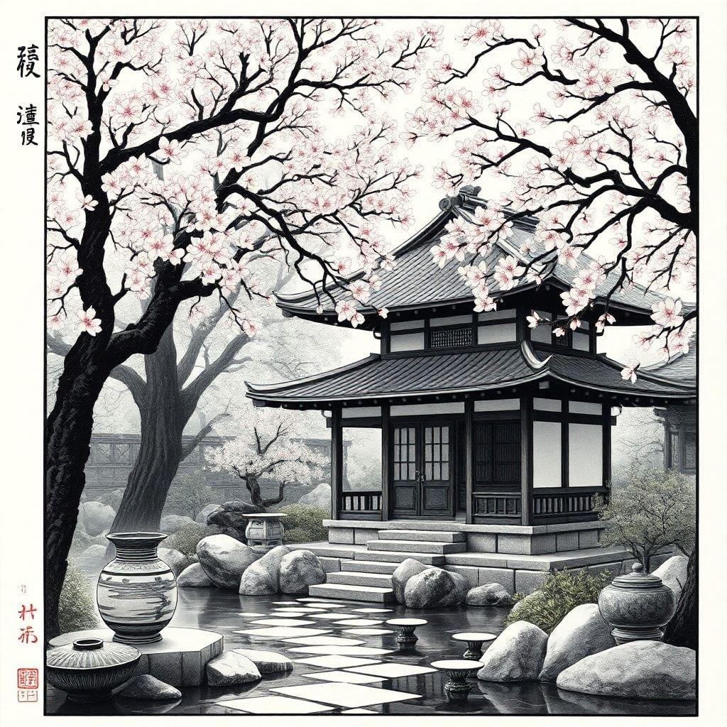 This serene wallpaper features a traditional Japanese garden, complete with a pagoda, cherry blossom trees, and a tranquil pond. The image exudes a sense of peace and tranquility, perfect for those looking to bring a touch of Japanese culture into their digital space.