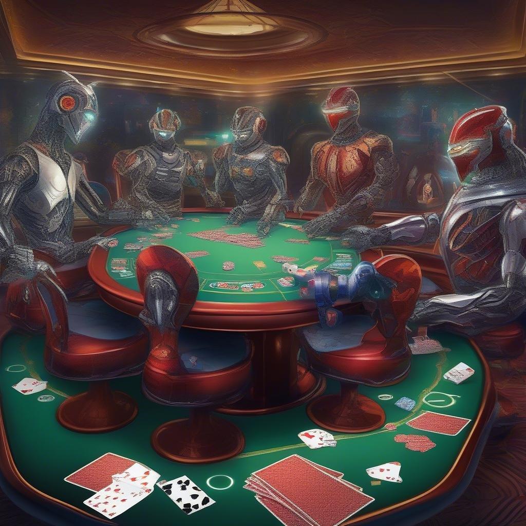 A group of robot characters, some disguised as humans, are seated around a casino gaming table with chips and cards. They seem to be involved in an undercover operation or a high-stakes game.