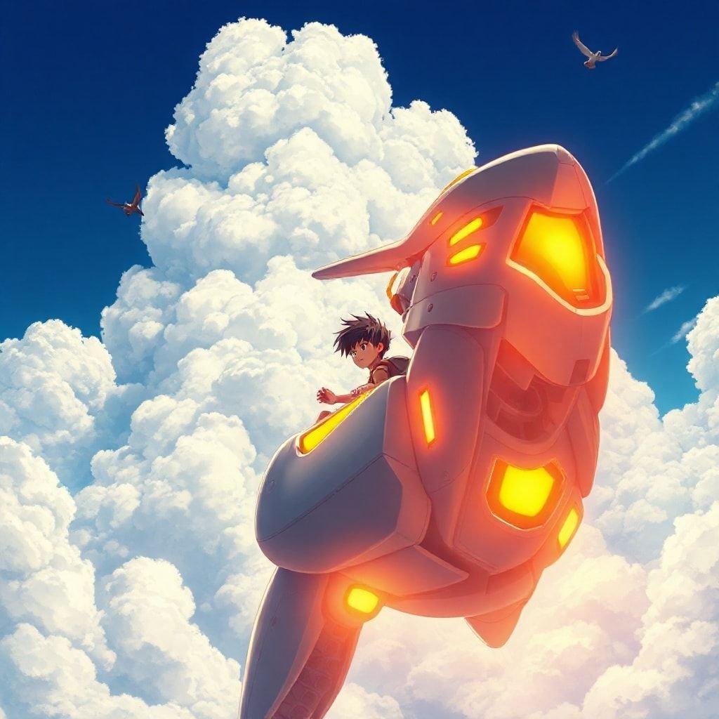 A young boy pilots a futuristic mecha through the clouds, with a deep blue sky and a small bird flying in the distance.