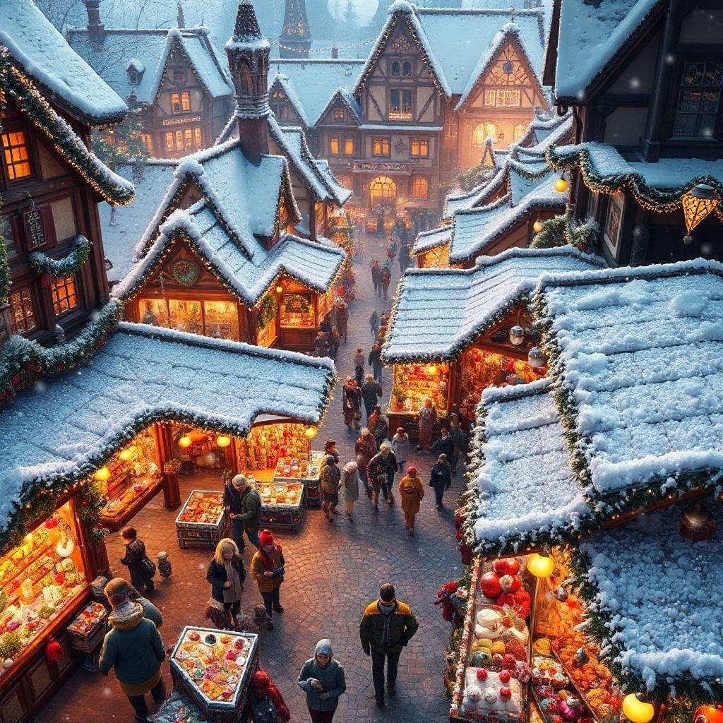 A bustling market street in a snowy, medieval European town during the festive holiday season.