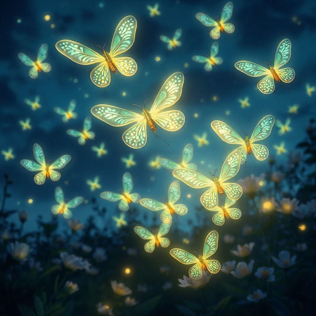 A calming forest scene at night, illuminated by the soft glow of fireflies.