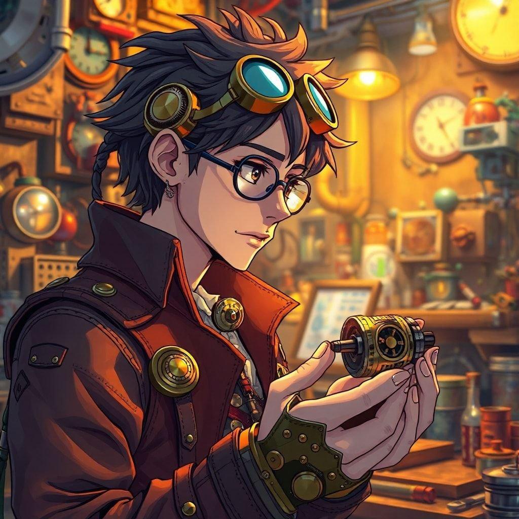 Dyk ner i den intrikata världen av steampunk med denna fängslande illustration av en uppfinnare omgiven av kugghjul och prylar.