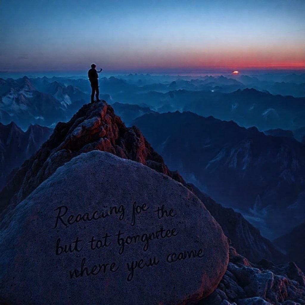 Embrace adventure as you stand on the peak of this breathtaking view. The quote on the rock reminds us that even when we feel lost, the journey has brought us to where we are today.