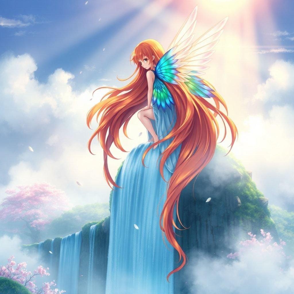 Cette image mystique présente un personnage d'anime avec des cheveux orange vif et des ailes irisées perchées au sommet d'une cascade. La scène énigmatique capture l'essence de la nature japonaise, avec le paysage brumeux ajoutant à son charme.