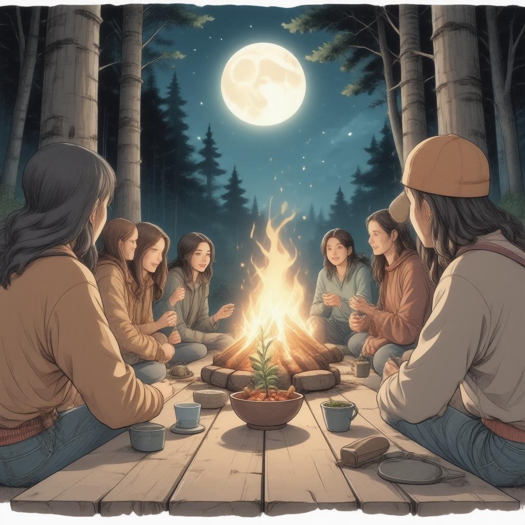 This anime illustration captures a serene and intimate moment of a group of people gathered around a campfire in the woods, surrounded by the warmth and light of the fire and the beauty of the natural world.