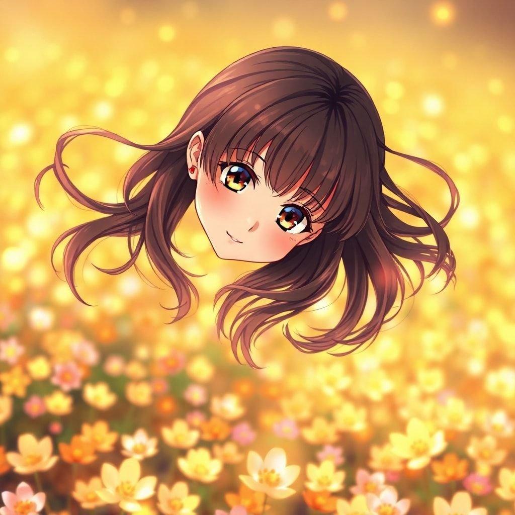 Une illustration anime époustouflante d'une jeune fille flottant au-dessus d'un champ de fleurs vibrantes et lumineuses, captivant le spectateur par son regard et ses longs cheveux bruns.