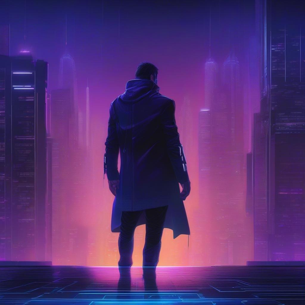 Immerse yourself in the futuristic world of cyberpunk with this stunning wallpaper, featuring a lone hacker standing tall amidst a cityscape of blue and purple hues.