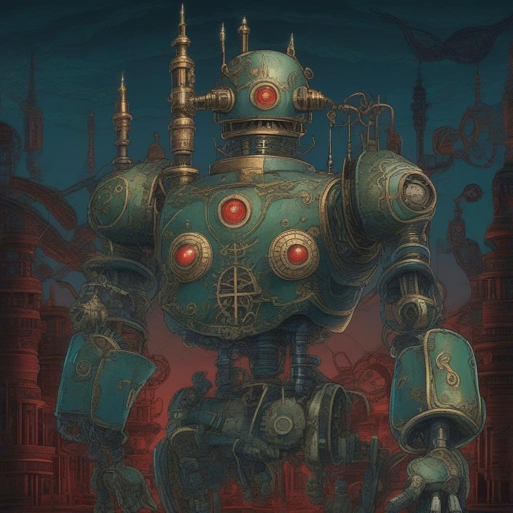 En intensiv scen från en anime-illustration där en robot klädd i steampunk-kläder står redo för strid mot klockverksninjaer. De livliga röda ögonen på roboten lyser mot den mörka bakgrunden, och dess muskulösa kropp, tillverkad av blå och gröna metaller, accentueras av intrikata mekaniska detaljer.