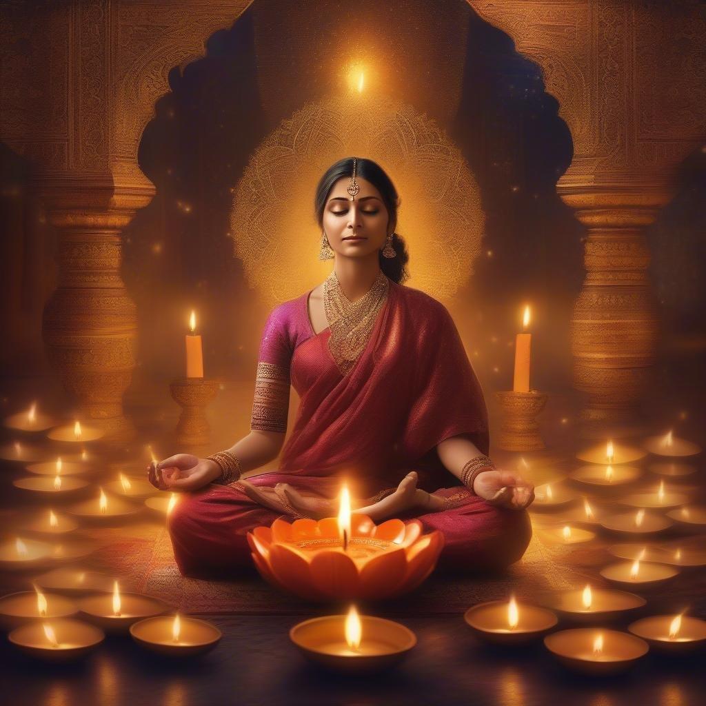 Celebrate the spirit of Diwali with this stunning wallpaper featuring the goddess Durga in a serene meditative pose, surrounded by the warm glow of lit candles.