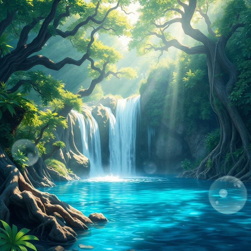 Immerse yourself in the serene beauty of this anime-style waterfall scene, where nature and technology blend in perfect harmony.