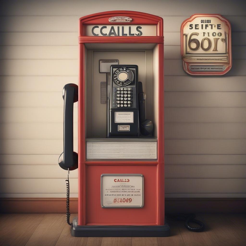 A vintage scene with a red phone booth on a wood wall. The booth holds two phones, one with the classic rotary dial.