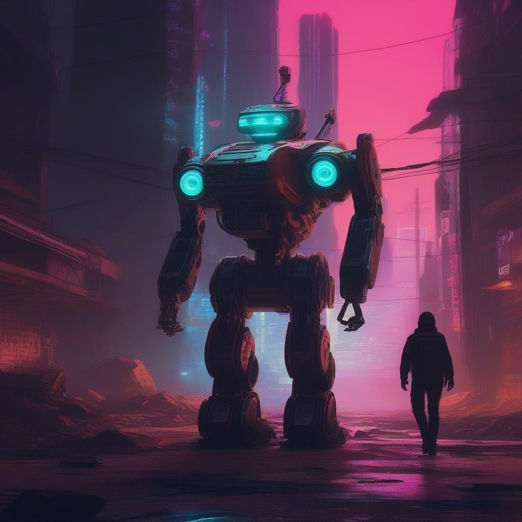 This image is a stunning representation of the neon and cyberpunk genre, featuring a futuristic robot in a dark and gritty urban landscape. The robot's glowing blue eyes and neon-lit body stand out against the backdrop of a cityscape that seems to be on the verge of collapse. The overall effect is one of high-tech futurism and dystopian unease.