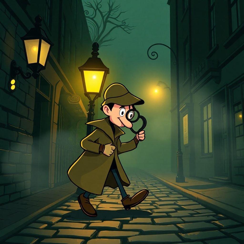 Join our cartoon detective as he embarks on an evening chase down a foggy alleyway in search of clues for his latest case.