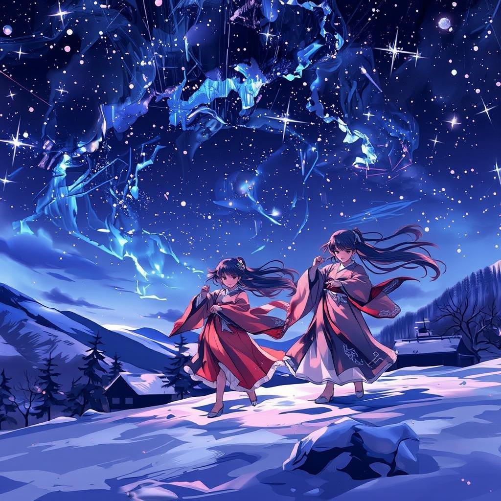 Mergulhe no mundo encantador do anime com este papel de parede cativante apresentando yuki-onna dançando na neve sob um céu noturno estrelado.