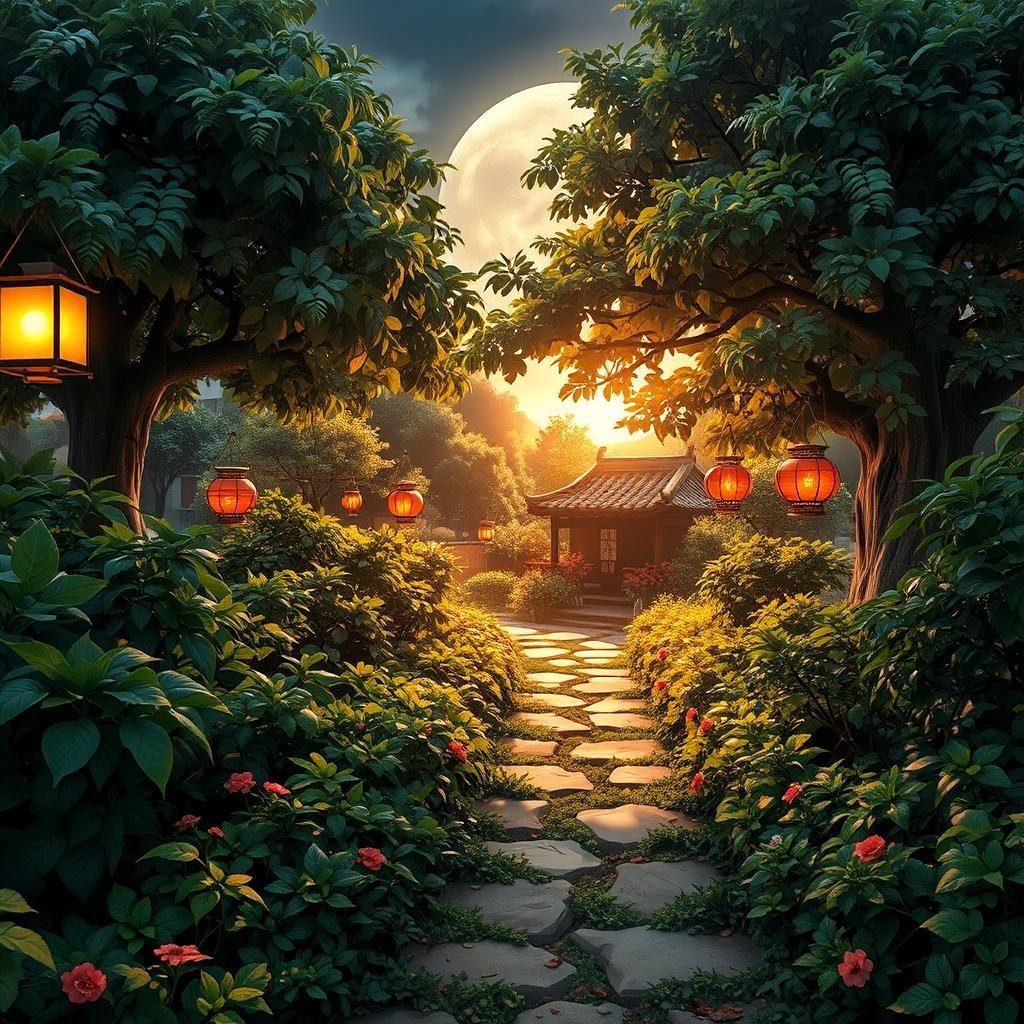 Step into a serene anime garden path, where lush greenery and vibrant red lanterns create a captivating atmosphere.