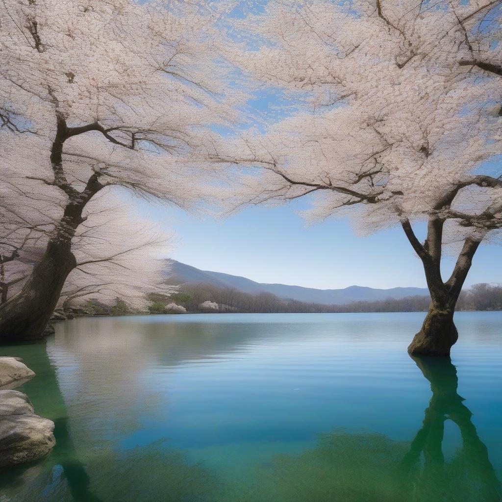 Una scena serena della natura con acqua cristallina che riflette i fiori di ciliegio e le montagne sullo sfondo sotto un cielo luminoso.