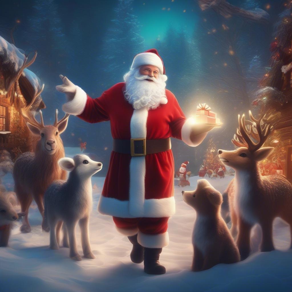 Santa Claus in his festive attire, surrounded by adorable reindeer and other holiday friends on a snowy Christmas night.