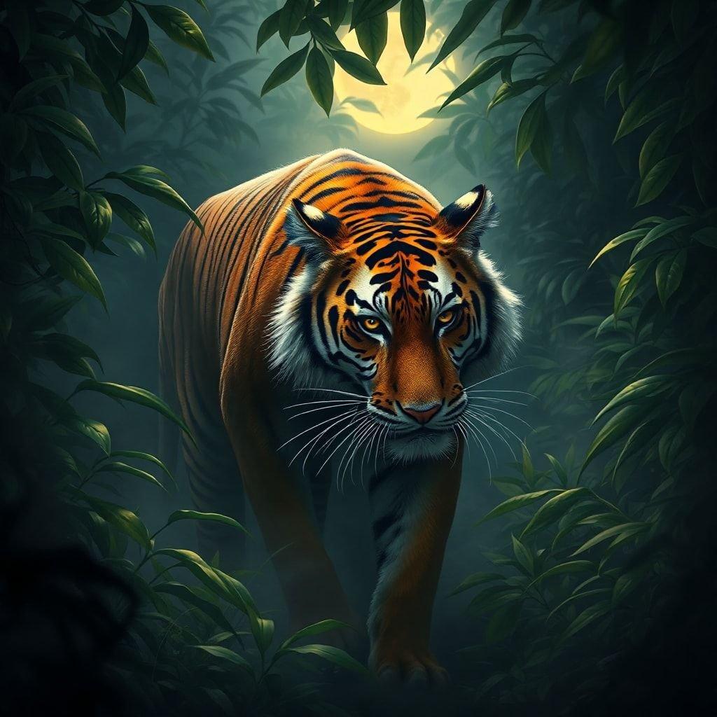 This wallpaper features a majestic tiger amidst the lush greenery of a tropical rainforest. The powerful predator is captured in profile, exuding an air of quiet strength and resilience as it navigates the dense jungle landscape.