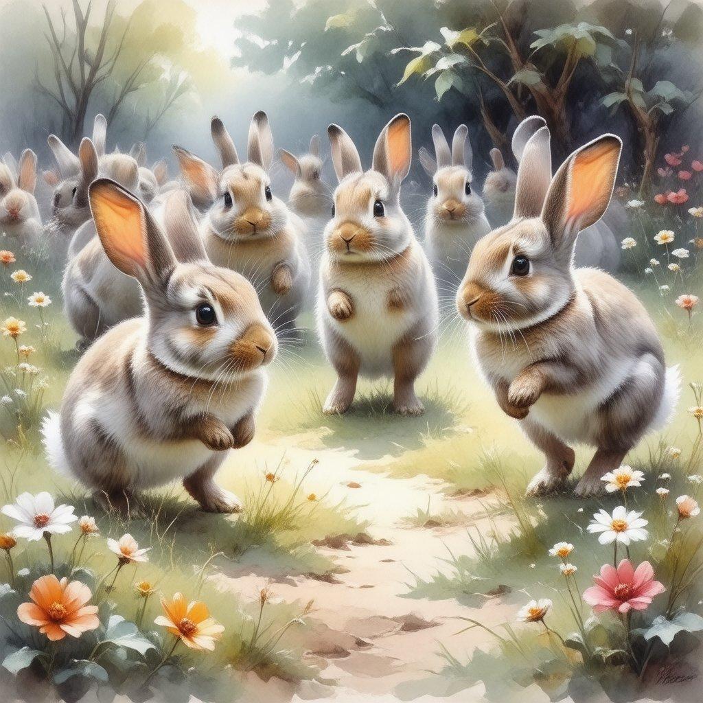 This adorable wallpaper features a group of cute rabbits playing in a field of flowers. The image is perfect for anyone who loves animals and nature. The rabbits are depicted in a playful and innocent manner, surrounded by colorful flowers and lush greenery. The image is sure to bring a smile to your face and add a touch of warmth and coziness to your desktop or mobile device.