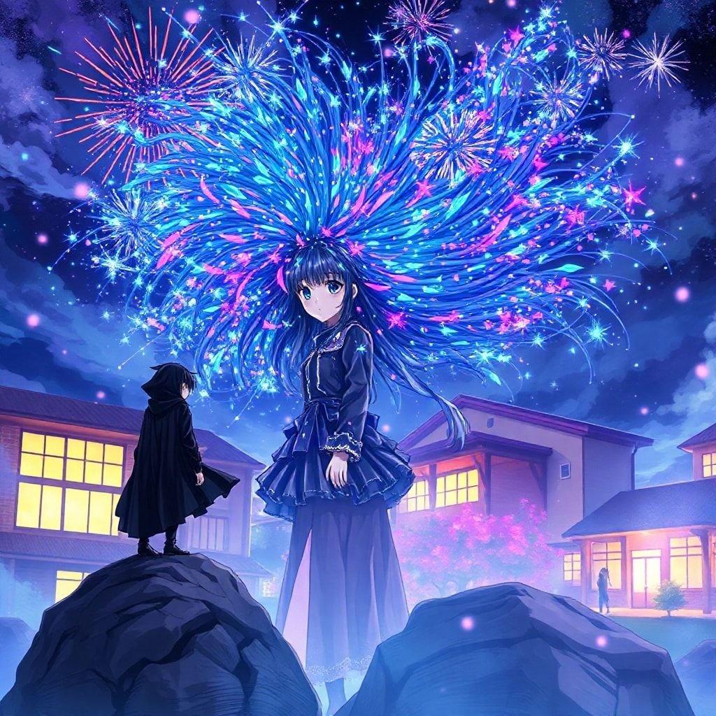 Immerse yourself in this captivating anime wallpaper featuring a shy high school girl surrounded by a swirling storm of blue and purple sparks, with a mysterious figure in black standing on a rock, gazing into the distance.