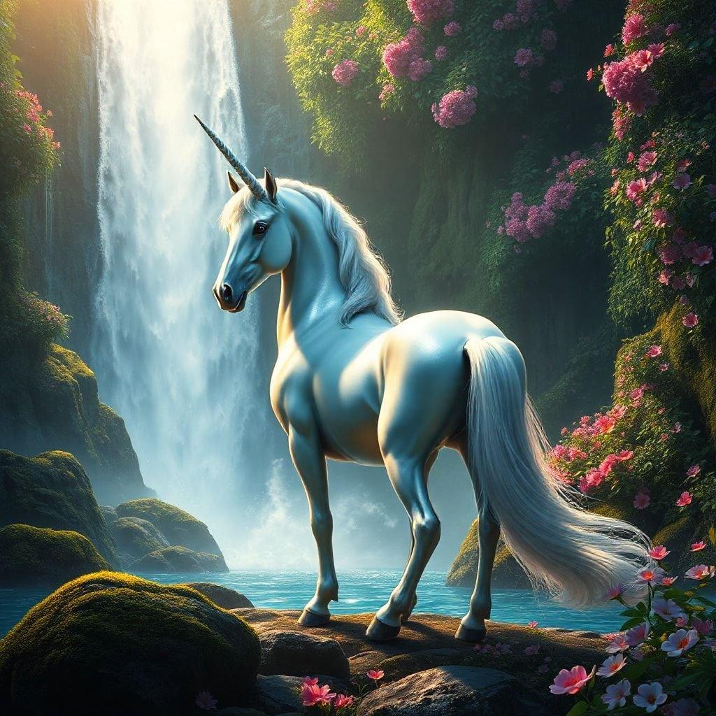 Immerse yourself in the enchanting world of fantasy with this captivating wallpaper featuring a majestic unicorn amidst a lush, vibrant landscape.