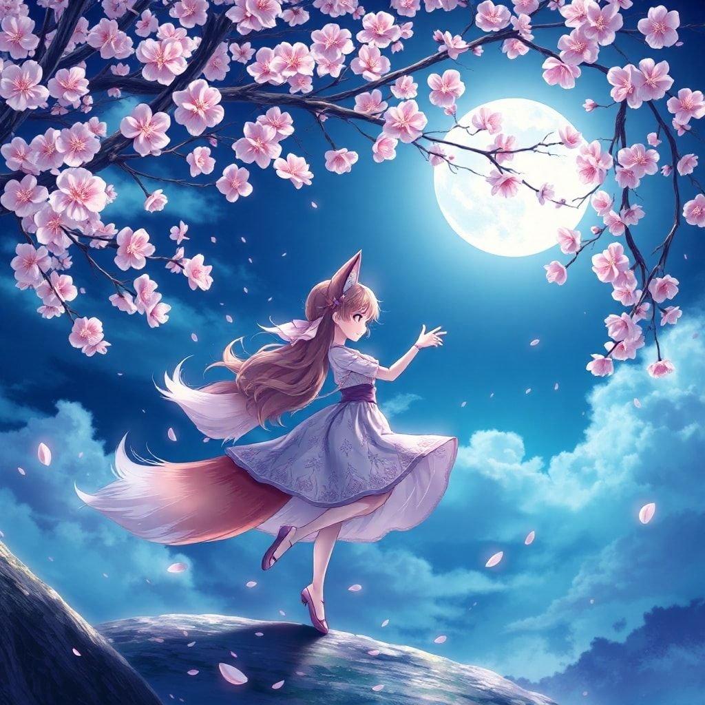 Denna förtrollande bakgrund visar en ung anime-foxand som dansar under ett körsbärsträd, med en bakgrund av fullmåne och molnig himmel. Scenen kännetecknas av sin anime-liknande atmosfär, med en palett av blått och grönt som väcker en känsla av förundran och magi.