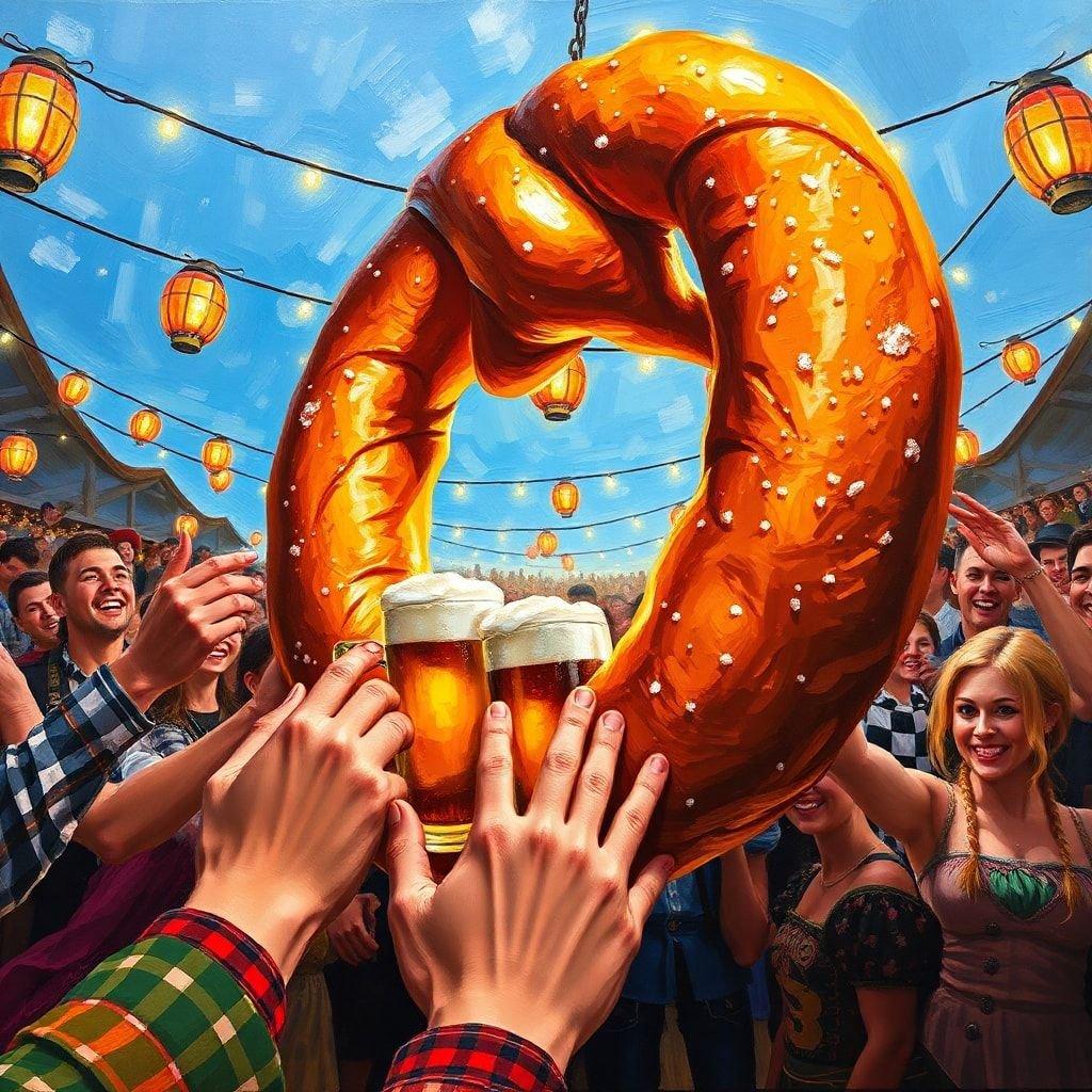 A festive scene from the Oktoberfest festival with people enjoying traditional German beverages, beer and pretzels.