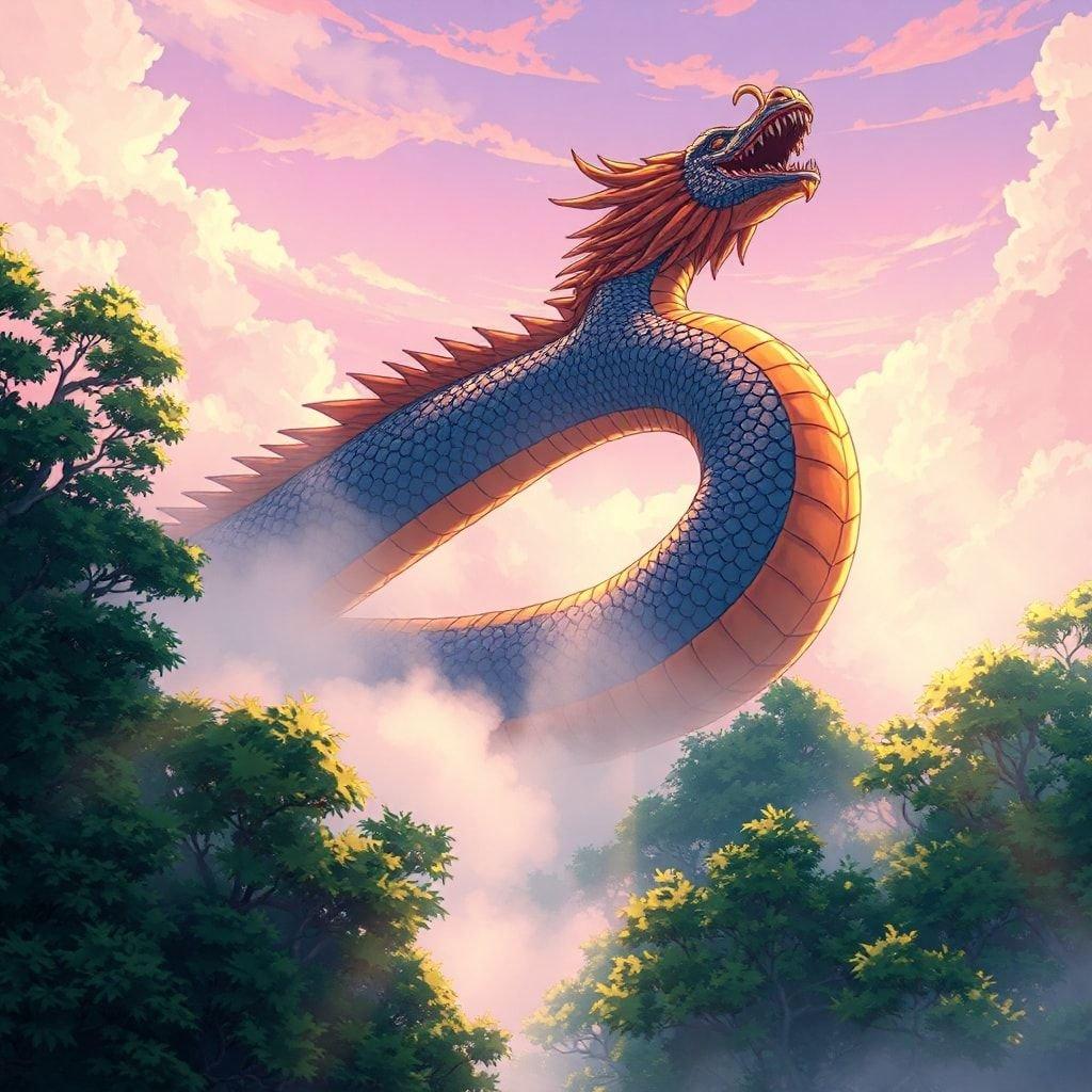 A majestic anime image of a dragon emerging from a misty forest, showcasing vibrant colors and ethereal light.