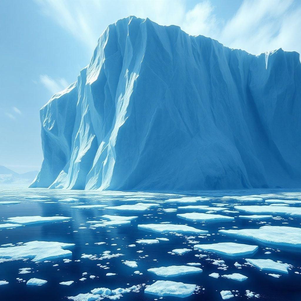 Dive into the stunning beauty of an icy glacier landscape. This breathtaking wallpaper showcases the majesty and grandeur of a large iceberg against a serene, clear sky.