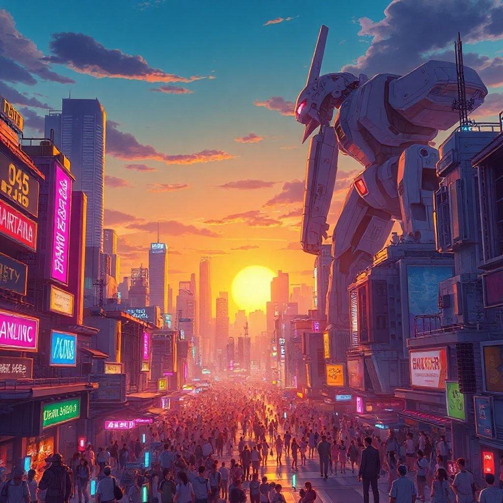 Get ready to immerse yourself in the vibrant world of anime with this stunning cityscape at sunset. The bustling metropolis is brought to life with neon lights, while giant robots and robots add a sense of scale and adventure.