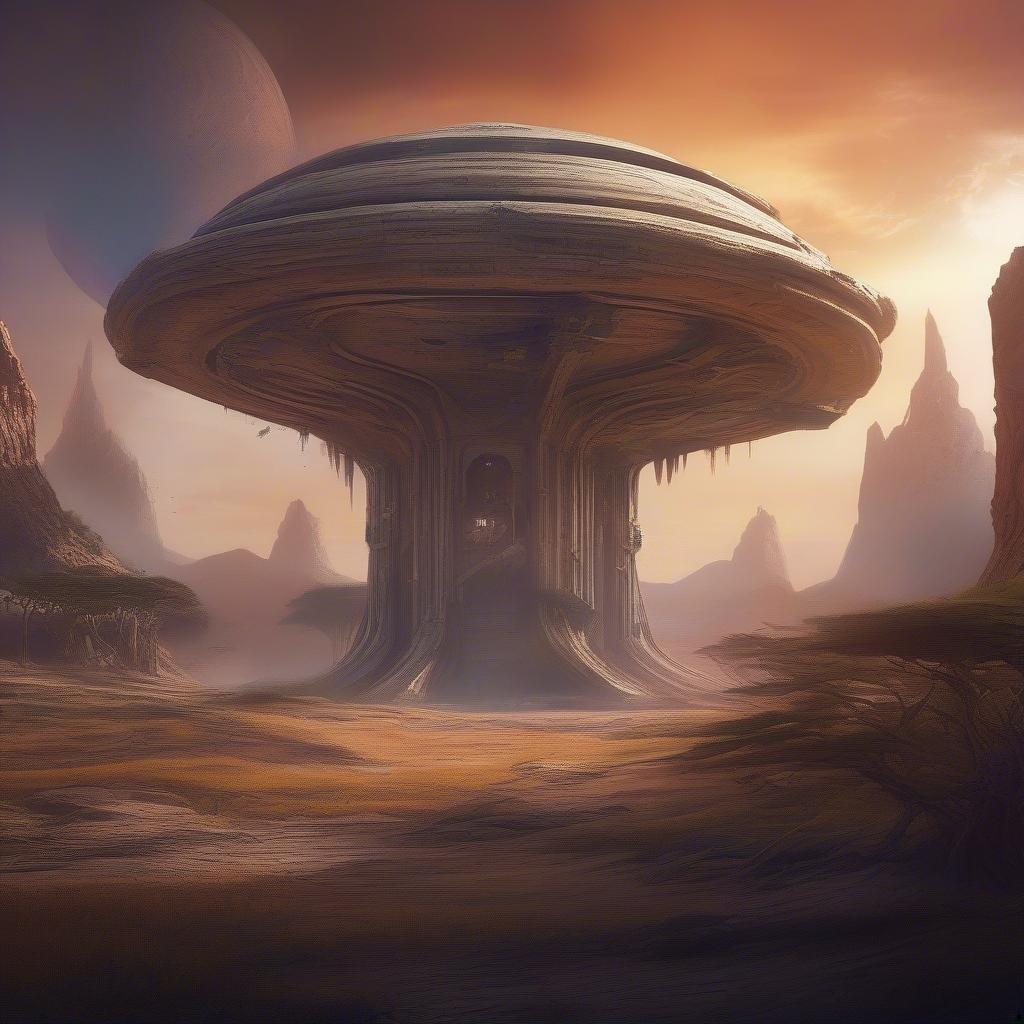 This image showcases a unique, otherworldly structure in the middle of a desolate, rocky landscape. The mushroom-shaped building is a striking feature of the scene, with its metallic material and reflective surface catching the light.