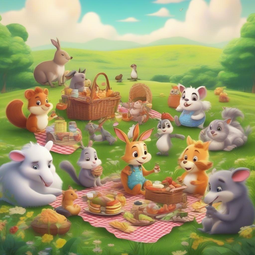 A delightful picnic scene with cartoon animal friends enjoying a meal together.