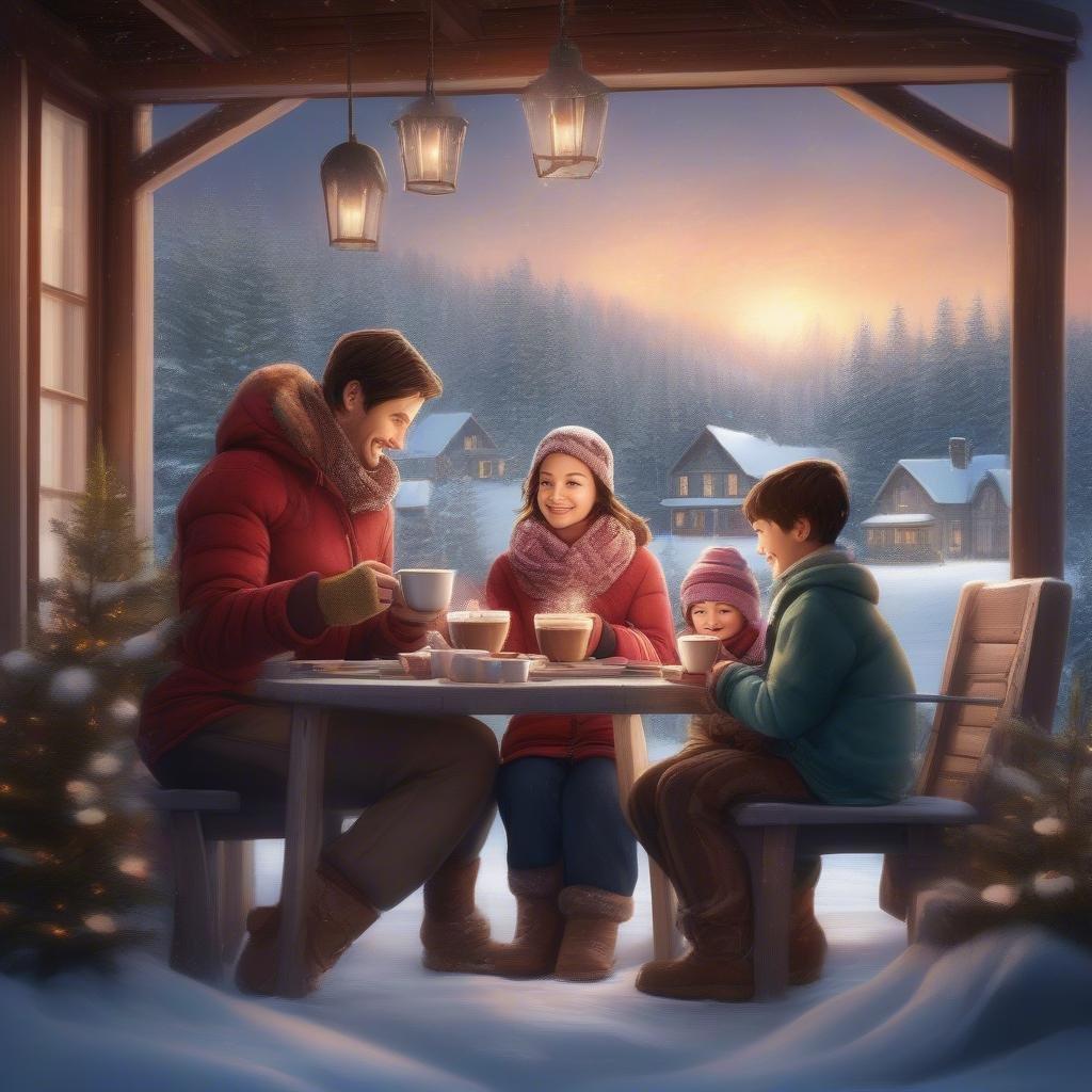 A cozy family scene on Christmas Eve, with warm beverages and snowy scenery.