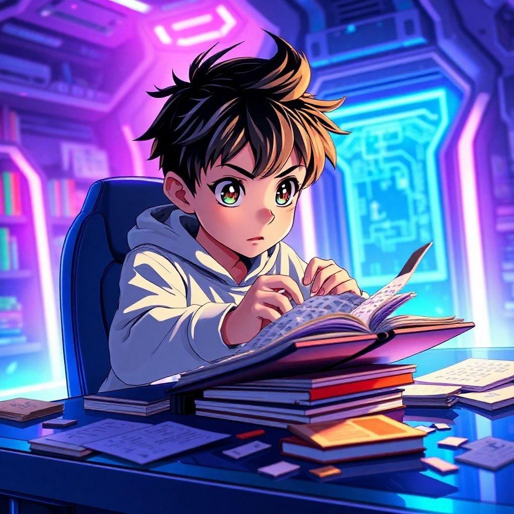 Un giovane personaggio anime immerso nello studio, circondato da libri e appunti.